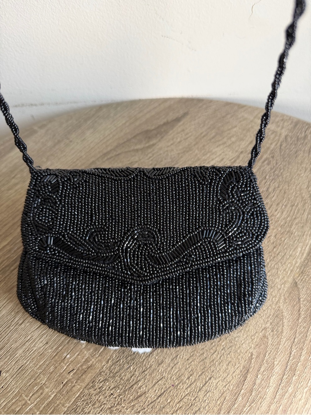 Black Beaded Evening Clutch with Braided Strap